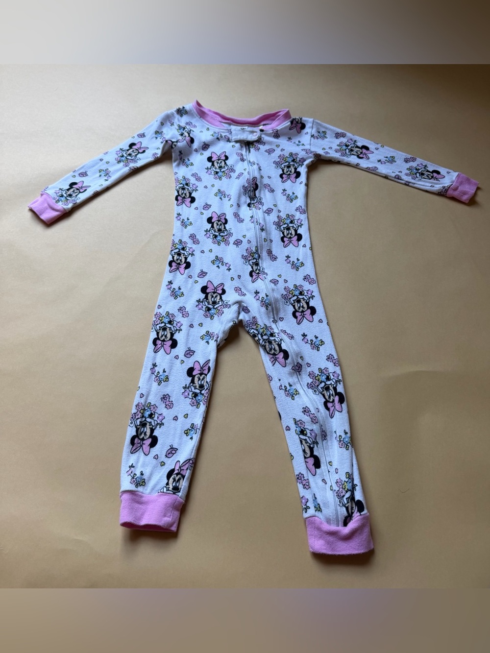 Disney Minnie Mouse Floral Footed Pajamas Girls Pink, Soft White 2T